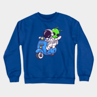 Cute Astronaut And Alien Riding Scooter Cartoon Crewneck Sweatshirt